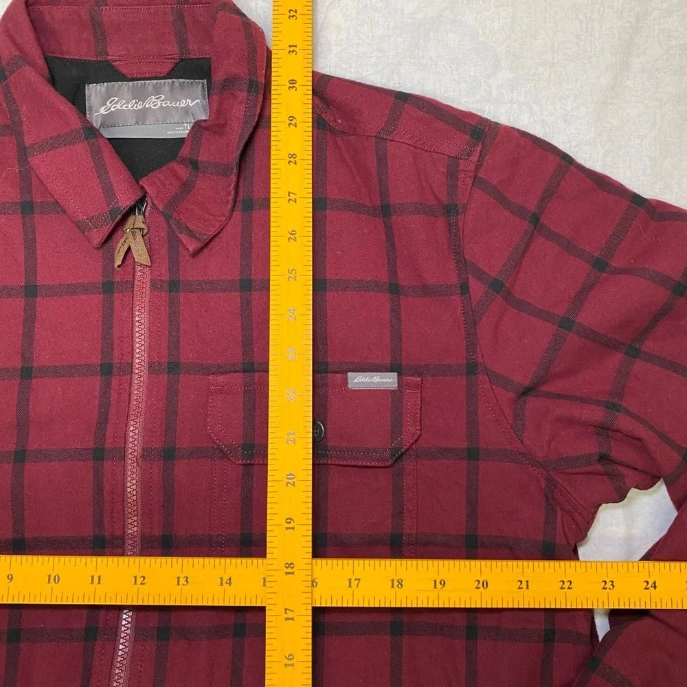 Eddie Bauer Shirt Jacket Mens TL Red Plaid‎ Flannel Fleece Lined Zip